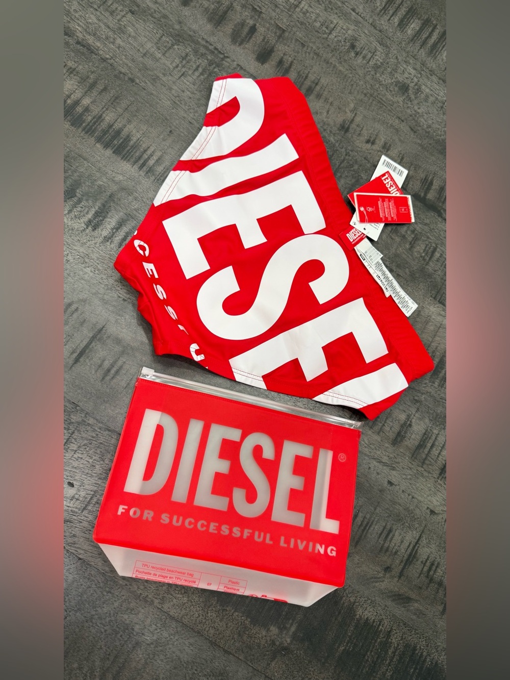 Diesel Red Logo Swim Brief with Matching Red Pouch